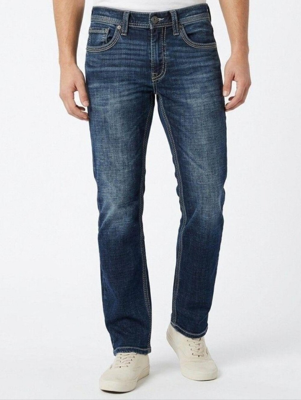 BKE Jake Straight Men's Dark Wash Stretch Denim Jeans Heavy Stitching.